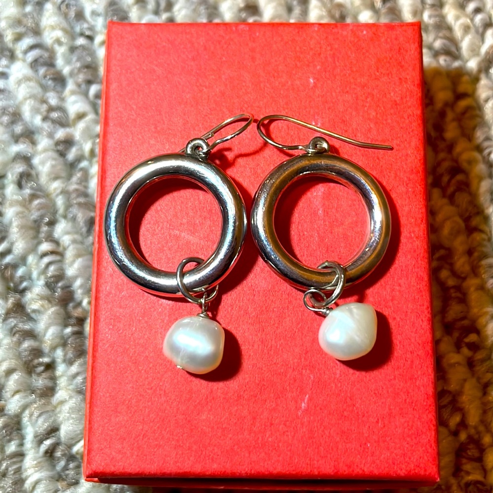Silver with pearl bead dangle earrings